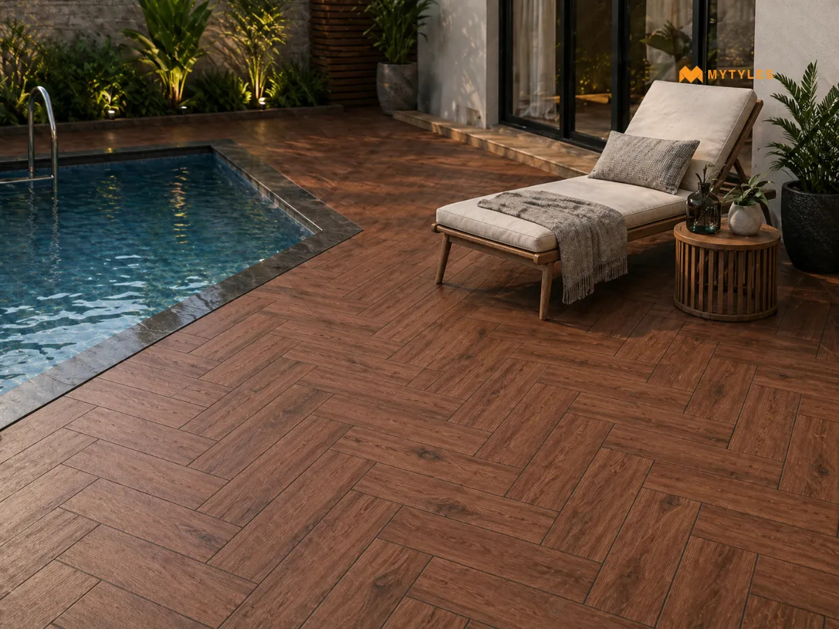 Vitrified Wood Anti Skid Tiles in Pool Area